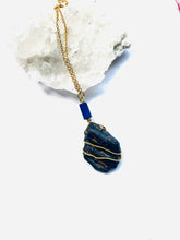 Load image into Gallery viewer, Black Tourmaline with Lapis Lazuli Gold Necklace. Side view.