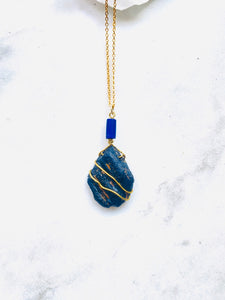Black Tourmaline with Lapis Lazuli Gold Necklace
