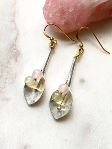 Rose Quartz and Jade gold and silver earrings- side view