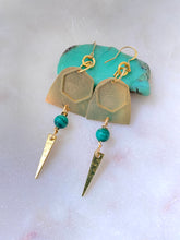 Load image into Gallery viewer, Brass with malachite earrings side view