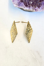 Load image into Gallery viewer, Textured brass earrings diamond shape.