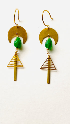Green agate Brass Earrings. Hand made by Full Moon Designs