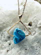 Load image into Gallery viewer, aquatite deep blue precious stone unique necklace on gold plated chain, handmade piece by full moon designs