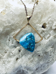aquatite deep blue precious stone statement necklace on gold plated chain, handmade piece by full moon designs