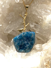 Load image into Gallery viewer, Apatite  blue precious stone statement necklace on gold plated chain, handmade piece by full moon designs