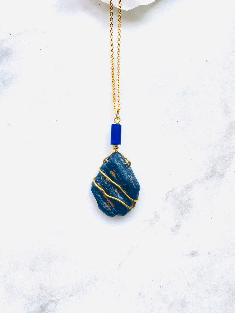 Black Tourmaline with Lapis Lazuli Gold Necklace