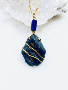Black Tourmaline with Lapis Lazuli Gold Necklace