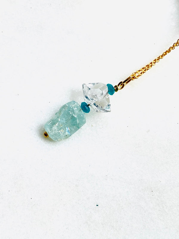 Aquamarine and Herkimer Diamond Goldfilled Necklace. Handcrafted in London.