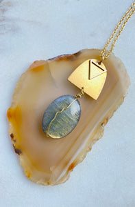 Labradorite Brass Necklace. Side view. Hand crafted by Full Moon Designs