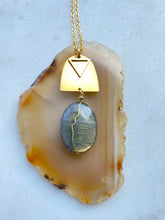 Load image into Gallery viewer, Labradorite Brass Necklace front view. Hand crafted by Full Moon Designs
