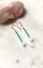Load image into Gallery viewer, Turquoise and Moonstone Gold filled Earrings. Side view