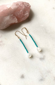 Turquoise and Moonstone Gold filled Earrings. Side view