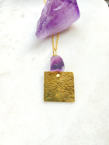 Purple Fluorite Brass textured Necklace designed by Full Moon Designs. 