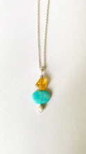Load image into Gallery viewer, Sterling silver necklace with Natural Citrine with Amazonite and Mother of Pearl. Front view of the necklace. Hand crafted by Full Moon Designs.