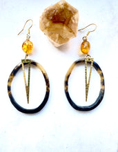 Load image into Gallery viewer, Natural resin with brass and yellow Agate bead Gold Earrings. By Full Moon Designs.