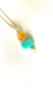 Sterling silver necklace with Natural Citrine with Amazonite and Mother of Pearl.  Side view of the necklace. Hand crafted by Full Moon Designs.