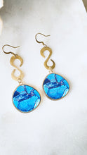 Load image into Gallery viewer, blue wood gold earrings with brass