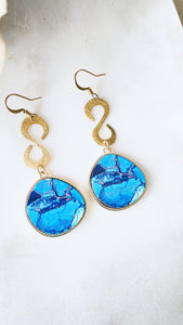 blue wood gold earrings with brass
