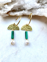 Load image into Gallery viewer, Malachite and Mother of Pearl Brass earrings by Full Moon Designs. Handcrafted.