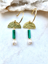 Load image into Gallery viewer, Malachite and Mother of Pearl Brass earrings by Full Moon Designs.