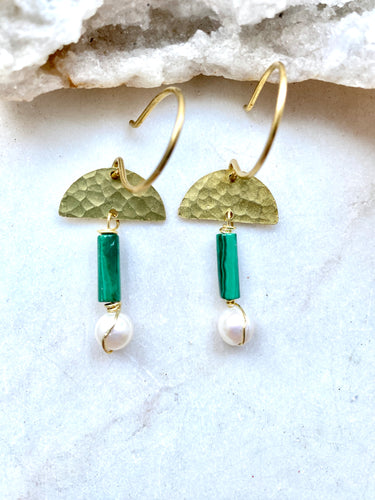 Malachite and Mother of Pearl Brass earrings by Full Moon Designs.