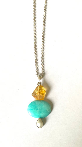 Sterling silver necklace with Natural Citrine with Amazonite and Mother of Pearl. Hand crafted by Full Moon Designs.