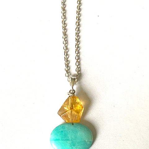 Sterling silver necklace with Natural Citrine with Amazonite and Mother of Pearl. Hand crafted by Full Moon Designs.