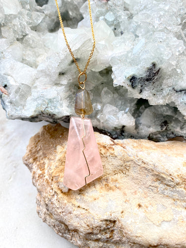 Rose Quartz and Labradorite Goldfilled Necklace. Handcrafted by Full Moon Designs.