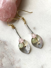 Load image into Gallery viewer, Rose Quartz and Jade gold and silver earrings - side view