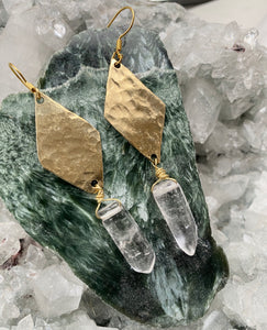 Quartz Brass earrings by full Moon Designs. Side view.