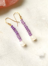 Load image into Gallery viewer, Amethyst and moonstone Goldfilled Earrings. Side view- Full Moon Designs