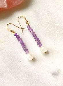 Amethyst and moonstone Goldfilled Earrings. Side view- Full Moon Designs