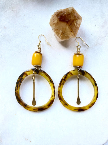 Natural resin with brass and yellow bead Gold Earrings. By Full Moon Designs.