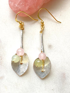Rose Quartz and Jade gold and silver earringss