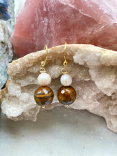 Load image into Gallery viewer, Tigers&#39; Eye and Mother of Pearl Gold Earrings