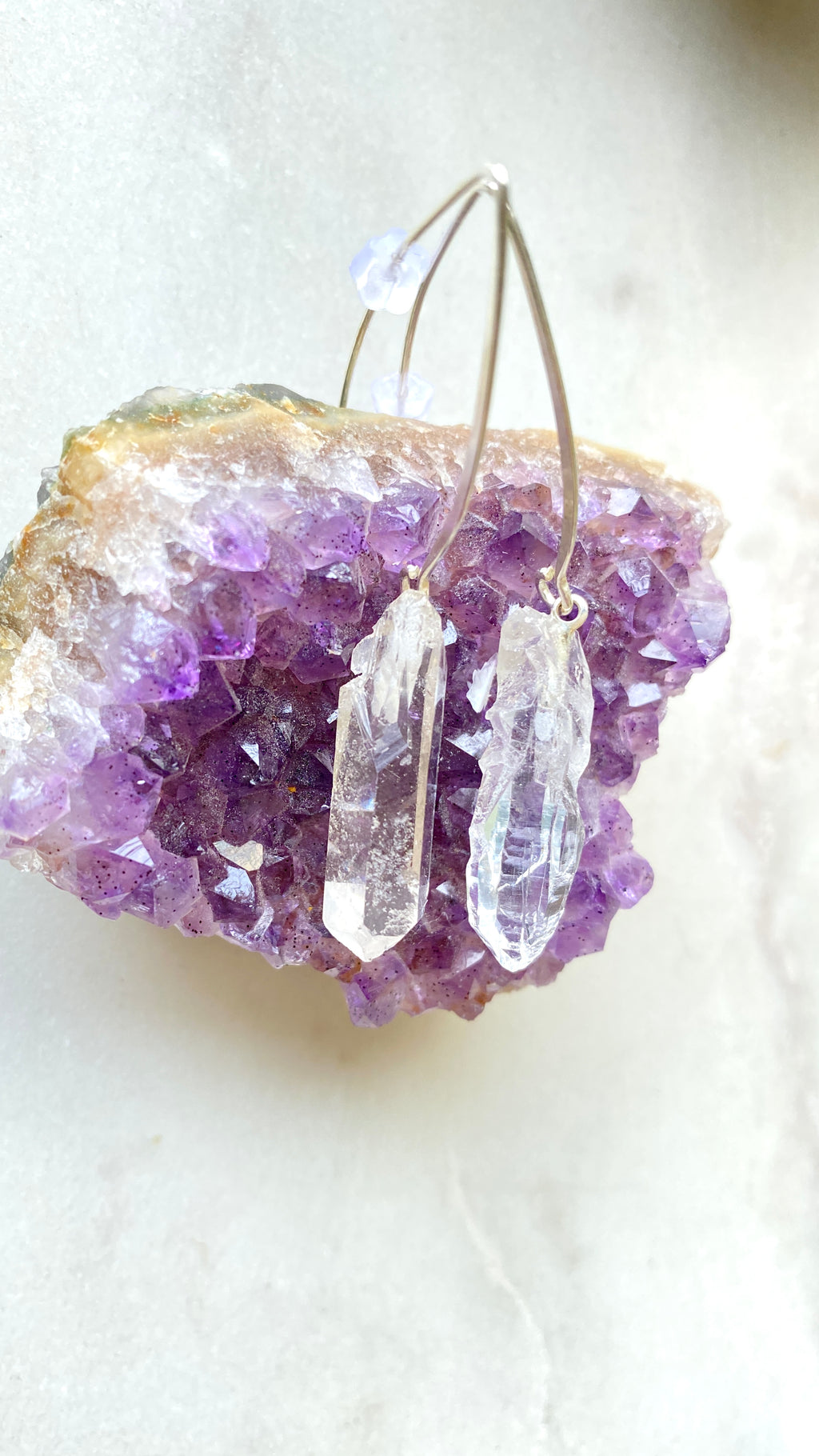 Long hooks silver quartz earrings