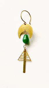 Single brass earring with green agate stone. Hand made by Full Moon Designs