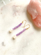 Load image into Gallery viewer, Amethyst and moonstone Goldfilled Earrings. Side view - Full Moon Designs