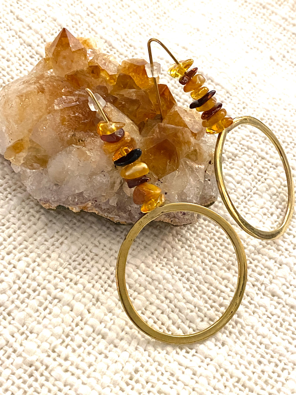 Amber (natural) Brass Earrings. Side view. Hand crafted by Full Moon Designs.