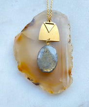 Load image into Gallery viewer, Labradorite Brass Necklace back view. Hand crafted by Full Moon Designs