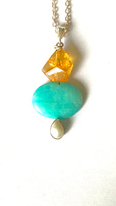 Sterling silver necklace with Natural Citrine with Amazonite and Mother of Pearl. Hand crafted by Full Moon Designs.