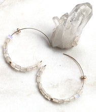 Load image into Gallery viewer, Moonstone Goldfilled Earrings Hoops. with Goldfilled spacers. Side view. Hand crafted by Full Moon Designs.