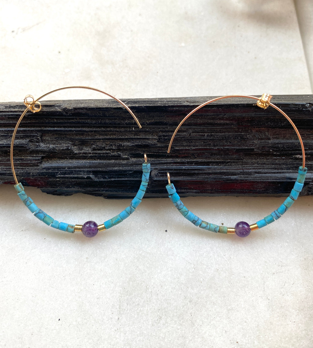 Turquoise and Amethyst Goldfilled Hoops. Hand crafted by Full Moon Designs.