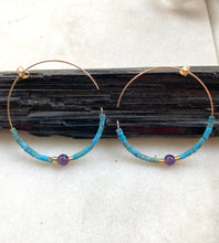 Load image into Gallery viewer, Turquoise and Amethyst Goldfilled Hoops. Hand crafted by Full Moon Designs.