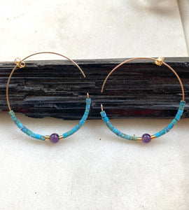 Turquoise and Amethyst Goldfilled Hoops. Hand crafted by Full Moon Designs.