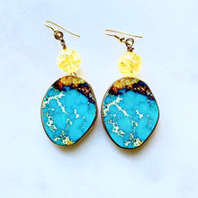 Load image into Gallery viewer, Wood with Blue Turquoise colour Gold Earrings