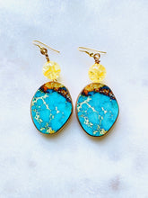 Load image into Gallery viewer, Wood with Blue Turquoise colour Gold Earrings