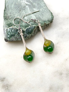 Jade and serpentine flower shape silver earrings side view