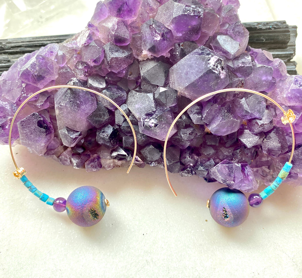 Peacock Aura Goldfilled Earrings with Amethyst and Turquoise.