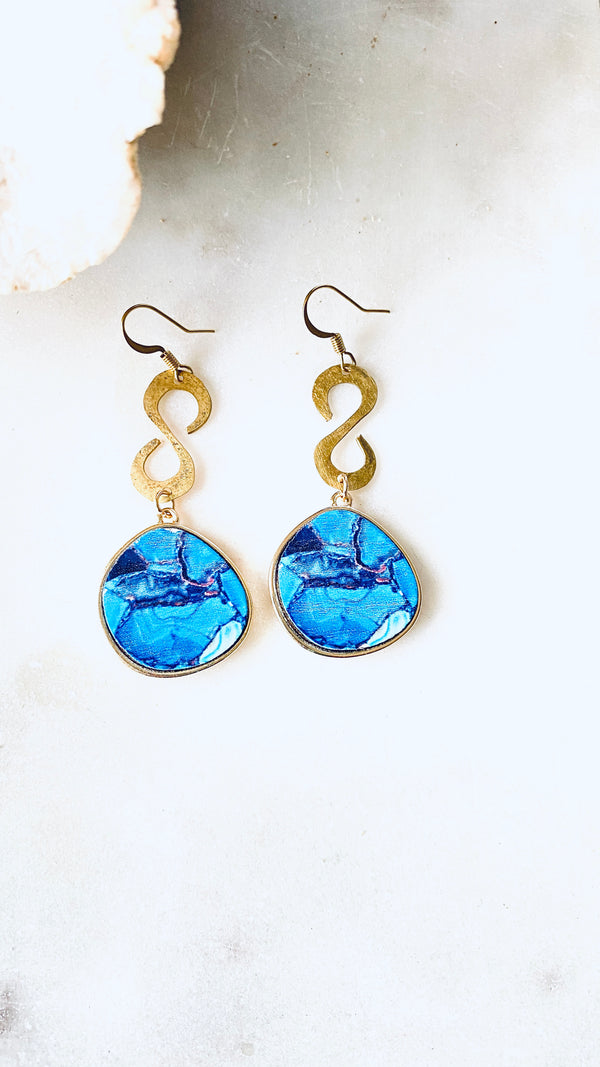 blue wood gold earrings